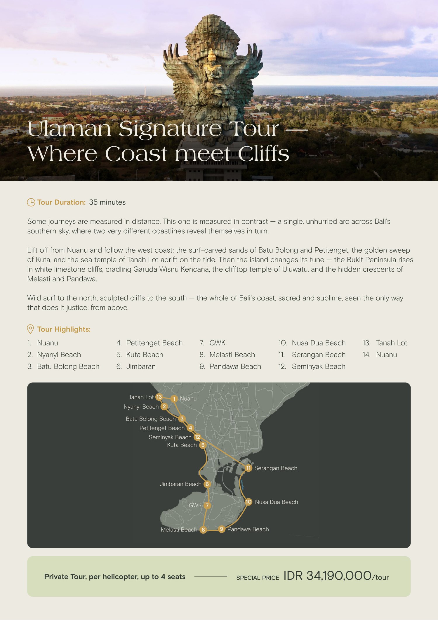 Ulaman Signature Tour, Where Coast meet Cliffs — 35 minutes, private charter IDR 34,190,000