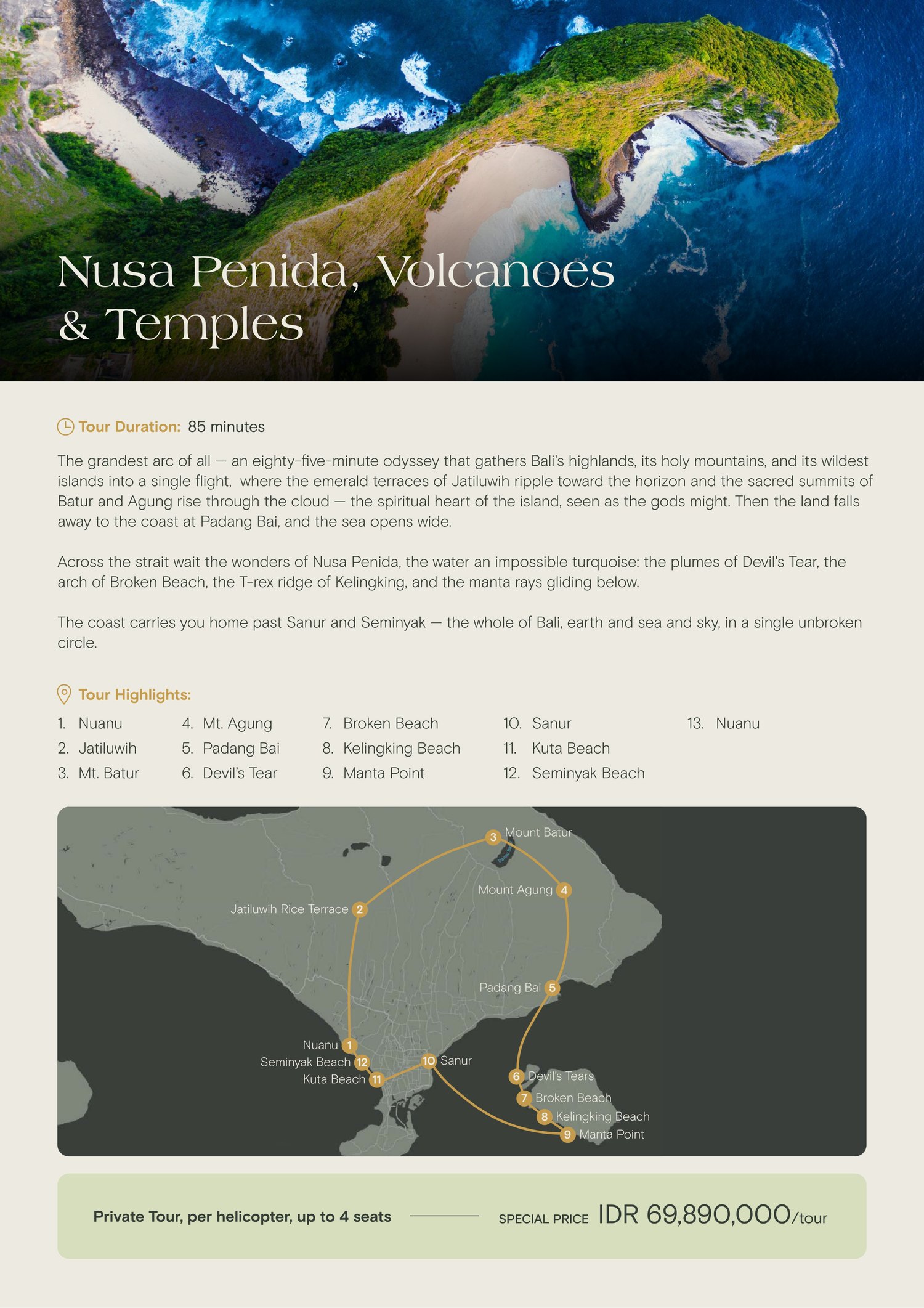 Nusa Penida, Volcanoes & Temples — 85 minutes, private charter IDR 69,890,000